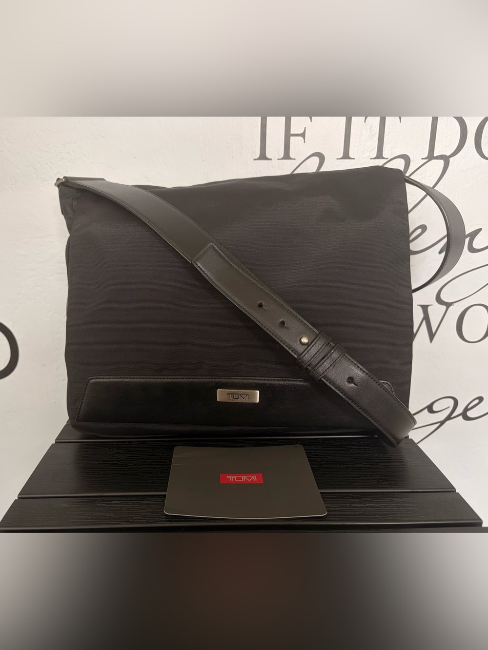 NWOT Tumi Black Nylon Messenger Bag with Leather Trim